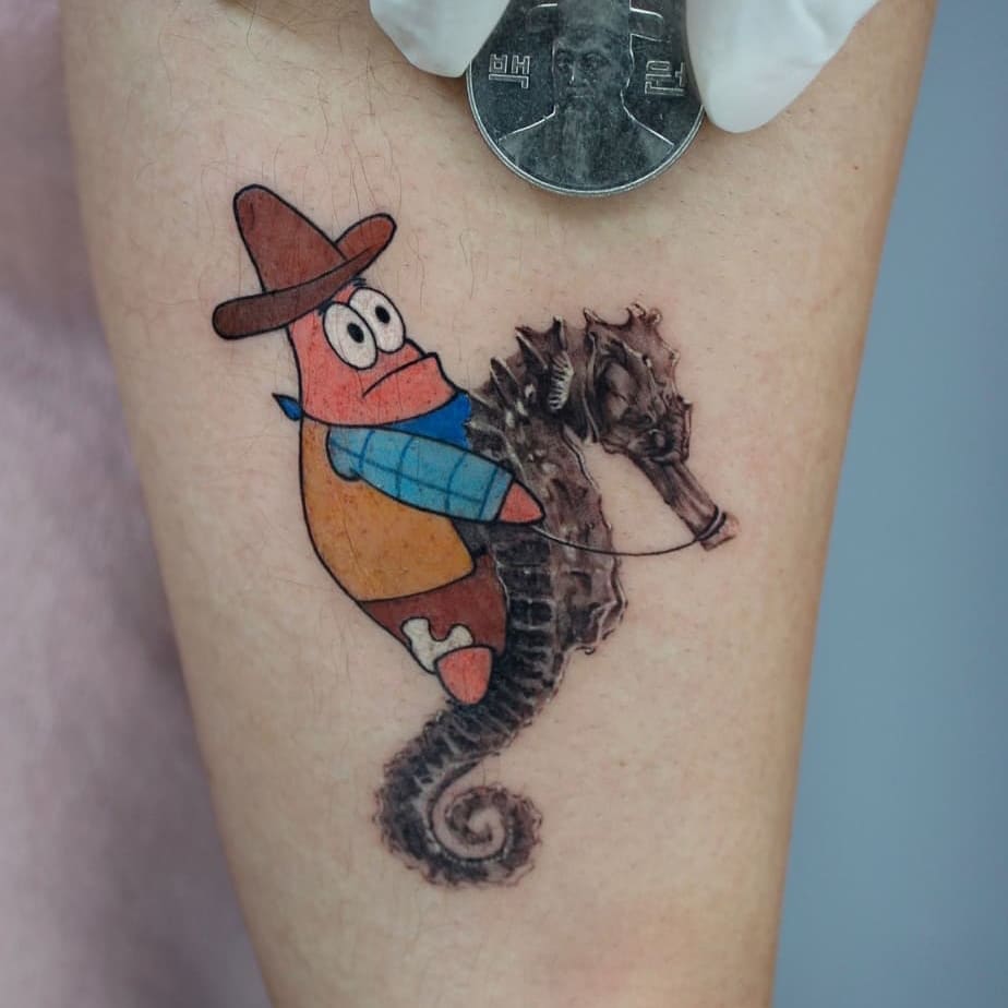 Tattoo of a cartoon character riding a seahorse