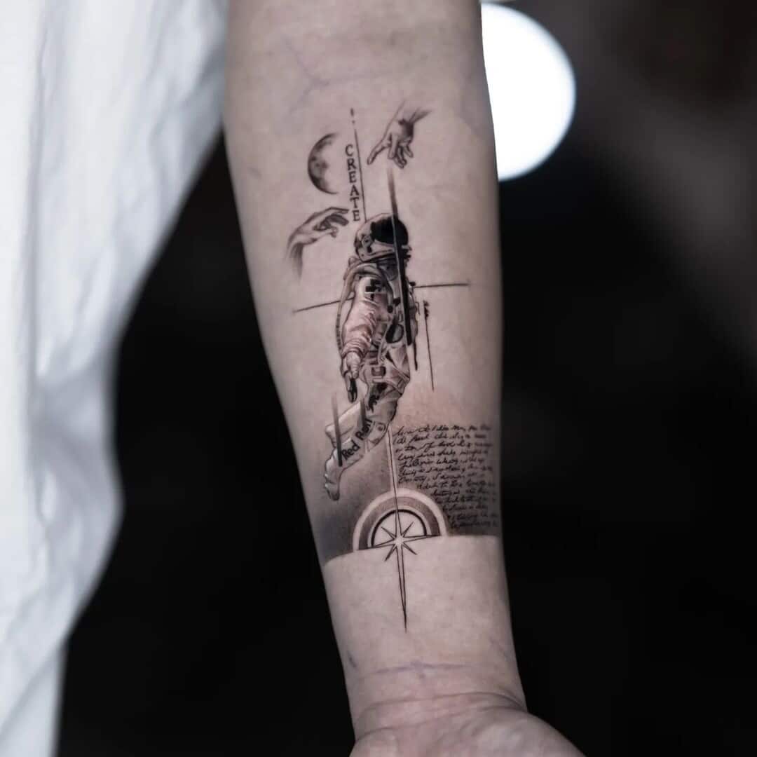 Astronaut tattoo on arm with artistic details
